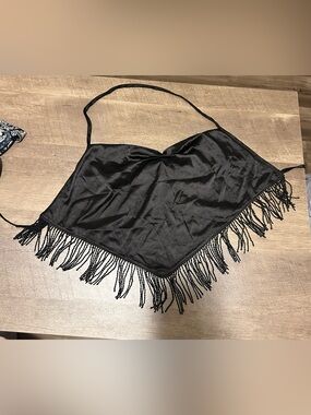 Black Fringe Satin Halter Crop Top - Women Size Large